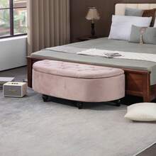 Velvet-Feel Half Circle Storage Ottoman - Dark On-Site - Pink + Rubberwood - View 2