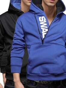 2 st diagonal dragkedja bokstavstryck huva sweatshirt, halvöppen framsida med unik diagonal dragkedjedesign, framsideficka i kängurustil, svart foder huva kant med ribbade muddar, lämplig för daglig pendling, gatustil, sport. Vår/höst herr casual pullover hoodie - Multifärgad - Visa 3