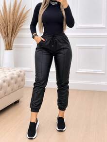 jogger pantalon pants vinipiel piel falsa  con resorte en tobillo modeno juvenil casual - Negro - Ver 3