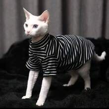 1pc German Sphynx Hairless Kitten Teddy Fleece Warm Striped Two-Legged Outfit, Multiple Colors, Autumn/Winter - Black and White - View 3