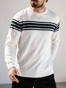 Men's Beige Crew Neck Knit Sweater With Contrast Horizontal Stripes On Chest, Old Money Style, Light Business Casual Pullover Layering Top For Autumn/Winter - White - View 4