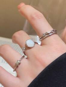 3pcs Copper Vintage Fashion Coconut Round Pleated Open Ring Set For Women, Niche Design, High-End Minimalist Versatile Index Finger Rings, Suitable For Daily Wear And Holiday Occasions - Silver - View 1