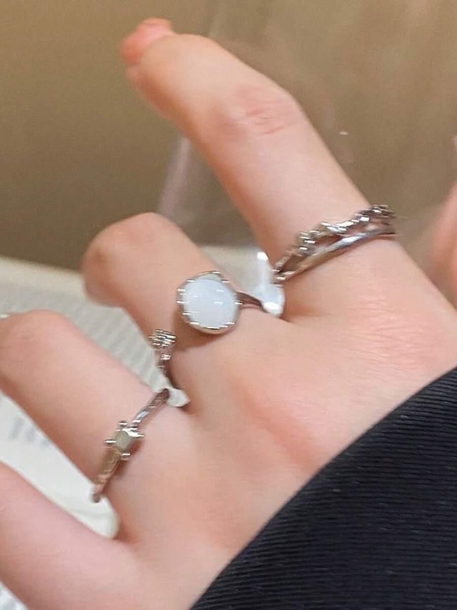 3pcs Copper Vintage Fashion Coconut Round Pleated Open Ring Set For Women, Niche Design, High-End Minimalist Versatile Index Finger Rings, Suitable For Daily Wear And Holiday Occasions - Silver - View 1