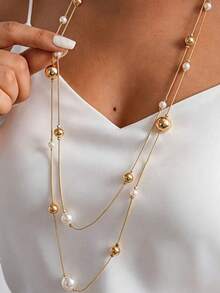 Kalung Geometris Berlapis-lapis Manik-Manik Mutiara Imitasi Modis, Rantai Sweater Kelas Atas, Aksesori Wanita Minimalis dan Elegan - kalung - View 1