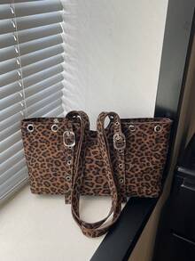 1pc Brown Large Capacity Vintage Leopard Print Faux Suede Tote Bag Women's Shoulder Bag - Brown - View 3
