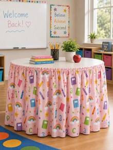 1pc Pink Back To School Rainbow Stationery Desk Skirt, Letter Number Crayon Star Learning Theme Tablecloth, Suitable For Teacher Desk, Classroom Storage Cabinet, Shoe Rack, Party Decoration - Multicolor - View 6