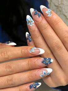 24pcs Almond Shape 3D Gel Flower White French Press On Nails, Perfect For Acrylic Fake Nail Set, Includes 1 Jelly Glue And 1 Nail File, Suitable For Summer, For Women And Girls DIY Daily Work Study And Party Use - Blue - View 2