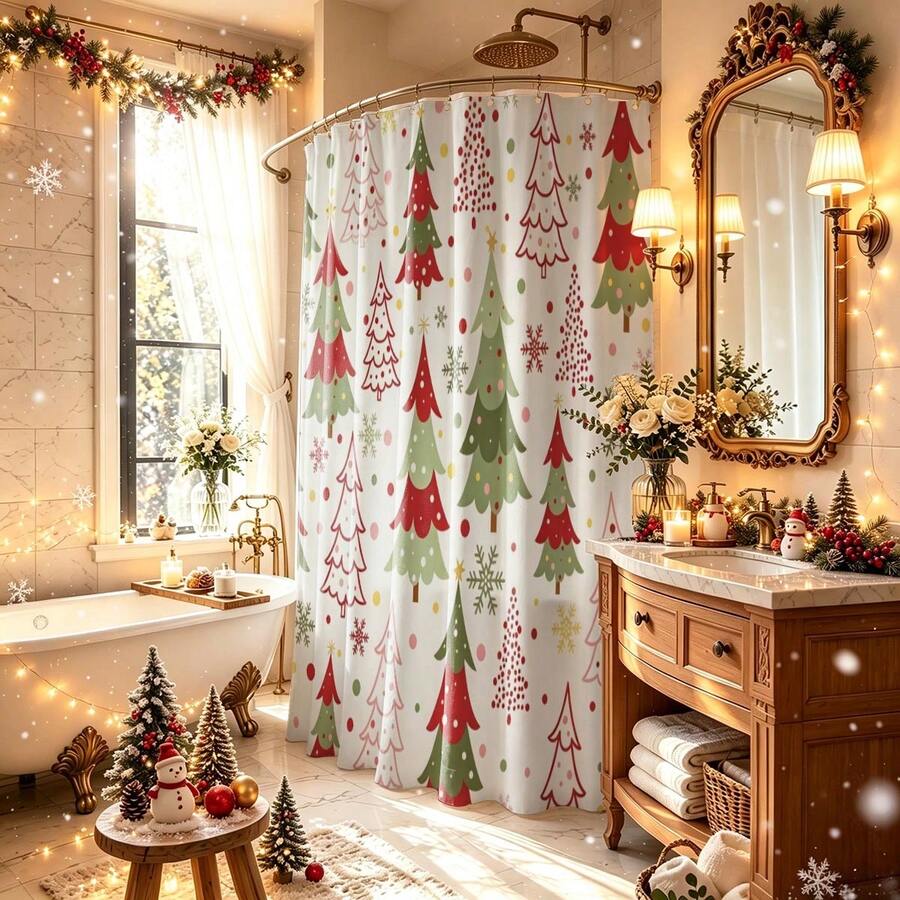 1pc Christmas Tree Shower Curtain, Vintage Design, Waterproof Bath Curtain, Suitable For Bathtub Partition, Bathroom Decor And Bathroom Accessories, Home Decor Gift, Includes 12 Hooks - Multicolor - View 1