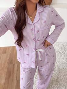 2pcs/Set Women's Pajamas Homewear Set Striped Bow Print Long Sleeve Lapel Top And Pants Autumn/Winter - Purple - View 4