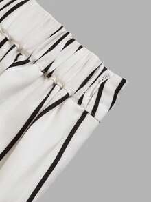 minisummer Women Fall Black Vertical Stripe Satin Elastic High Waist Wide Leg Long Trousers Straight Leg Pants - White - View 4