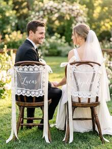 1pc Custom Wedding Chair Back Decor, Custom Text, Elegant Ribbon Chair Sign For Bride Groom, Outdoor Wedding Ceremony Reception Party Decoration - Multicolor - View 4