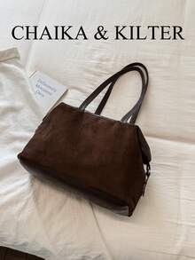 CHAIKA & KILTER 1件磨砂麂皮布料女款復古休閒大容量托特包 大學生書包 拼接縫線鉚釘裝飾 雙手柄設計 拉鍊開合 適合日常購物使用（附吊飾） - 咖啡 - 查看 9