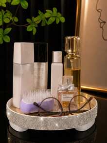 Rhinestone Vanity Tray White Cosmetic Storage Box Luxury Bathroom Decor Vanity Organizer Tray Countertop Makeup Display Rack Luxury Home Accessory Girls Rental Essential Skincare Display Tray Shiny Desktop Storage Small Decorative Tray - Multicolor - View 1