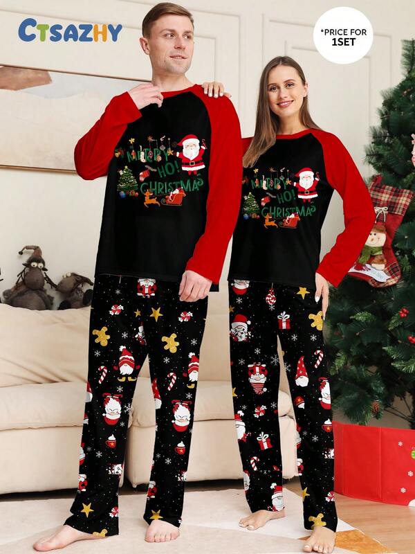 Ailiya Christmas Merry Men's New Pajamas Set, Santa Claus, Reindeer, Christmas Tree Print Top And Floral Pants, Casual Loungewear 2-Piece Set