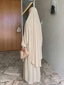 2 Pieces Prayer Abaya Set With Hijab, Elastic Cuff Modest Muslim Outfit, Full Coverage Islamic Salah Wear Woman Abaya - 13# Beige - View 2