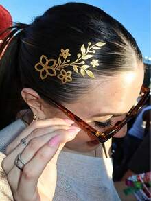 6 Sheets Gold Hair Tattoos Glitter Stickers Flash Tattoos With Star Flowers Butterfly Pattern Cute Sparkle Freckles Y2K Makeup For Rave Party Performance Music Festival Essentials - Gold - View 4
