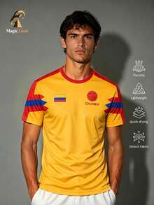 Men Colombia Flag Graphic Print Soccer Jersey, Moisture‑Wicking Quick‑Dry Breathable Short‑Sleeve Football Shirt For Training Match Daily Wear, Gift - Yellow - View 7