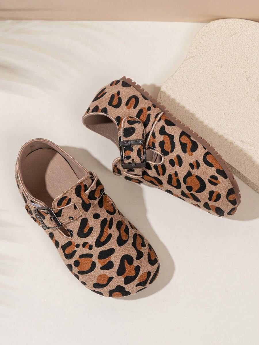 Girls' Leopard Print Suede Flat Shoes, Children's Comfortable Soft Sole Adjustable Buckle Non-Slip Casual Shoes, Suitable For Daily Wear And Outdoor Activities - Khaki - View 1
