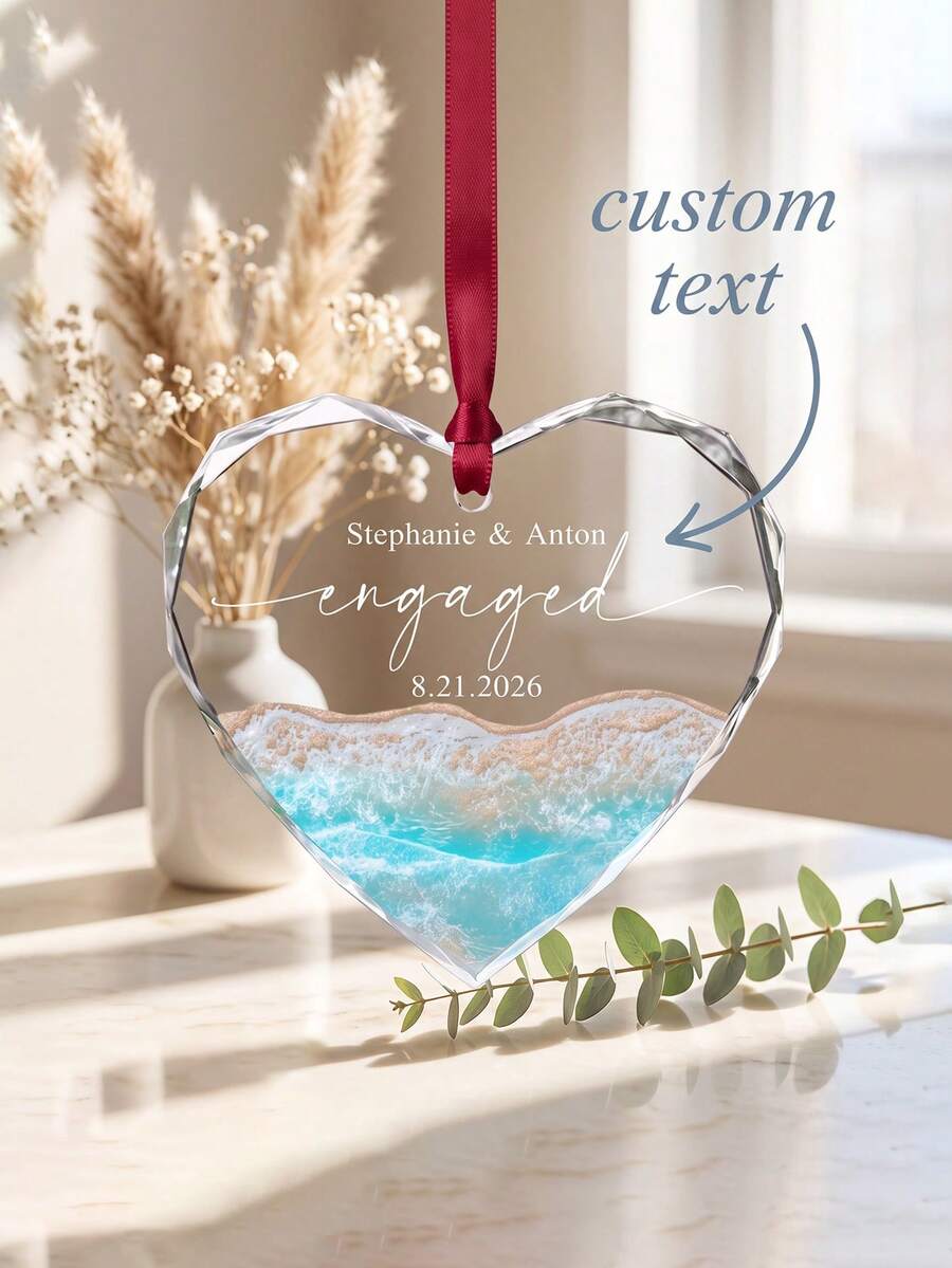 1pc Personalized Beach Ocean Glass Christmas Ornament, Custom Text Engaged Wedding Heart Round Hanging Pendant, Custom Text Xmas Tree Decoration, Romantic Engagement Anniversary Keepsake Gift For Couples - Multicolor - View 1