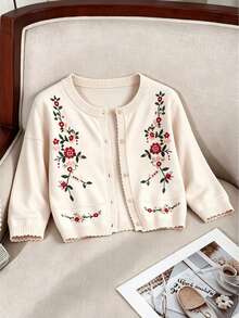 Women's Elegant Round Neck Floral Embroidered Front Button Casual Sweater, Suitable For Spring, Autumn And Summer - Apricot - View 3