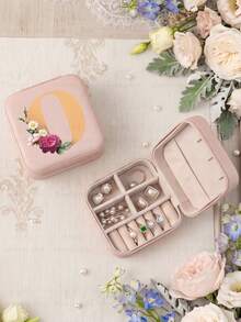 Letter PU Leather Portable Travel Jewelry Storage Box For Women, Stores Necklaces And Rings,Gift Ideas,Suitable For Home Storage And Commuting. - Flowers Letter 2 - View 38