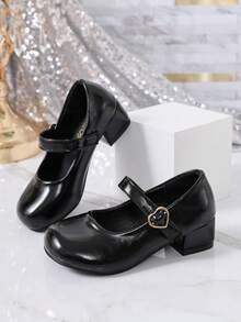 Black Mary Jane High Heels With Heart Buckle And Straps For Girls, Princess Flats For Performance Dresses - Black - View 2