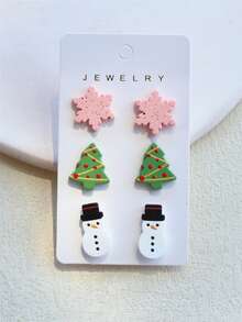 3 pares 1 tarjeta Pendientes de acrílico para mujer con estampado de copos de nieve rosa, árbol de Navidad y muñeco de nieve, textura de arcilla, lindos y elegantes para fiesta navideña - Multicolor - Ver 1