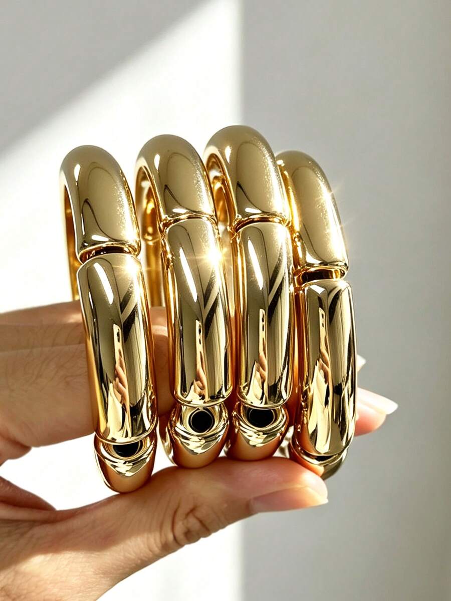 4pcs Fashionable Bamboo Joint Multi-Layer Women's Casual Bracelet Set, Suitable For Daily Commute, Date, Party, Layering - Yellow Gold - View 1