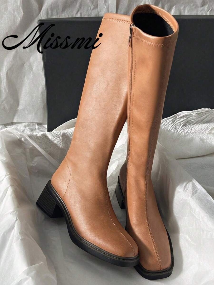 New Leather Mid-Heel Knee-High Boots, Minimalist Versatile Tall Boots For Women, Equestrian Motorcycle Style