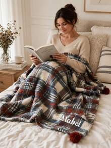 1pc Personalized Monogram Embroidered Throw Blanket, Custom‑Text Vintage Plaid Grid Household Blanket, Distinct Plaid Print With Pom‑Pom Ball Trim, Three Color Selections, Holiday Gift For Bedroom, Living Room And Household Space Display - Multicolor - View 6