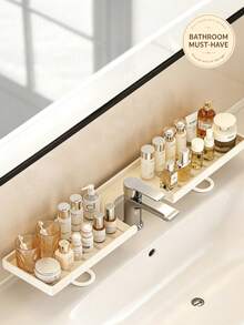 1pc Carbon Steel Vertical Faucet Shelf, No-Drill Installation Bathroom Organizer, Minimalist Ins Style Cream White Grooved Split Design, Toiletries And Cosmetics Storage Rack, Home Daily Bathroom Sink Storage Shelf - Multicolor - View 7