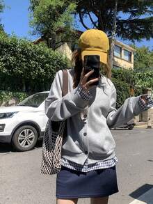 Women's New Niche Plaid Patchwork 2 In 1 Baseball Sweatshirt Jacket - Grey - View 6