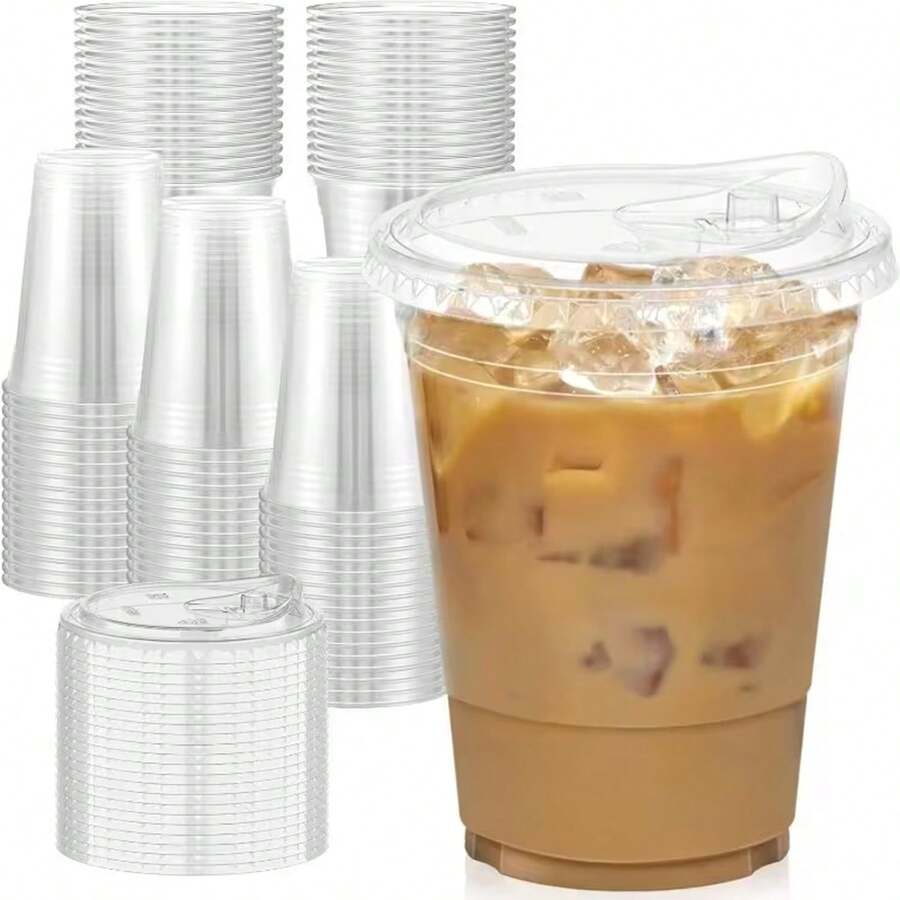 1/10pcs Transparent Cups With Direct Drinking Lid, Transparent Design, Suitable For Coffee, Smoothie, Soda, Party Drinks, Bubble Tea And Iced Drinks, Party Drinks Transparent Beverage Cups, Safety Lid Function, - Clear - View 1