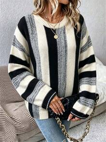 Plus Size Casual Fashion Black & White Striped Colorblock Crew Neck Long Sleeve Knit Sweater - Black and White - View 5