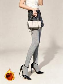 1 pieza Mallas térmicas de punto gris jaspeado sólido para mujer, cintura alta elástica, acogedoras y opacas con estribo, ropa de pierna casual diaria para otoño e invierno - Multicolor - Ver 2