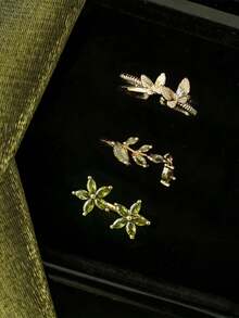 3pcs French Niche Design Green Zirconia Butterfly Ring Set, Vintage Romantic Full Rhinestone Forest Flower Water Drop Open Rings, Suitable For Women Daily Wear And Party, Exquisite Gift For Family And Friends - Olive Green - View 1