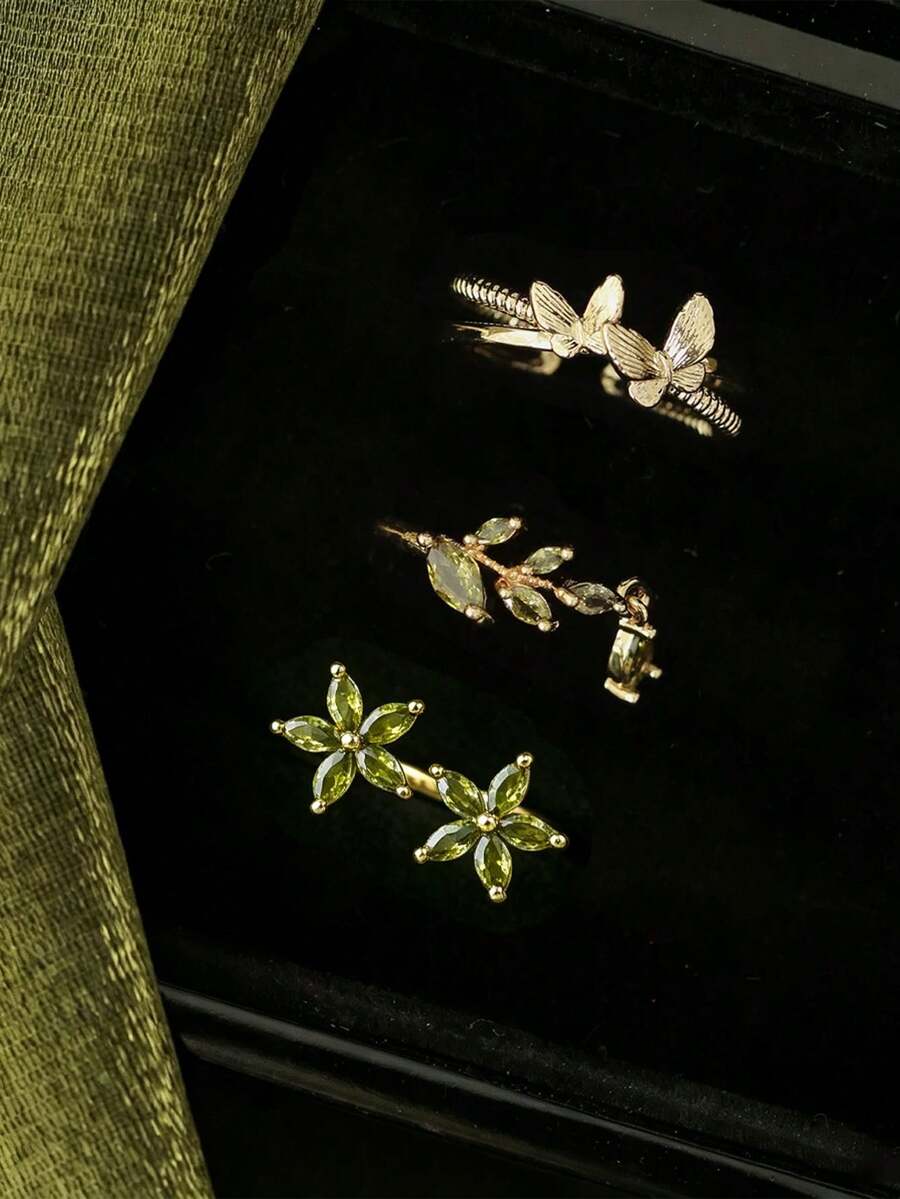 3pcs French Niche Design Green Zirconia Butterfly Ring Set, Vintage Romantic Full Rhinestone Forest Flower Water Drop Open Rings, Suitable For Women Daily Wear And Party, Exquisite Gift For Family And Friends - Olive Green - View 1