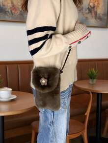 1pc Vintage Plush Flower Phone Bag For Women, Autumn/Winter Small Versatile Flap One Shoulder Crossbody Bag, Suitable For Travel, Vacation, Daily Shopping, Gift For Mom - Coffee - View 7