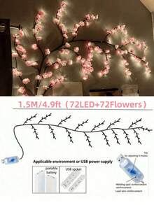 1 Cherry Blossom Branch LED Light, USB Powered, 144 LED/96 LED/72 LED, 8 Flashing Modes, Soft And Bendable, Suitable For Indoor And Outdoor, Living Room, Bedroom, Wall, Wedding Decoration, Party Atmosphere Light, Valentine's Day, Birthday And Graduation Gift - Multicolor - View 16