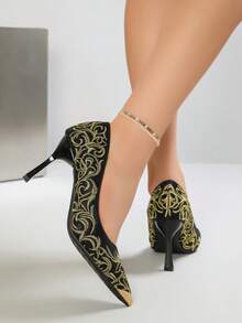 European And American Style Gold Embroidered Floral Pattern Pointed Toe Stiletto High Heel Pumps For Women, Elegant Versatile Low Vamp Evening Shoes - Gold - View 9