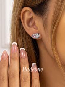 MADEONE 1對亮粉色鋯石梨形光環耳釘，女士日常配戴，婚禮派對生日週年紀念珠寶禮物 - 圍鑲愛心-泡黑粉鋯 - 查看 3