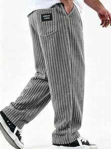 Men's Plus Size Thick Corduroy Long Pants, Elastic Waist Drawstring Trousers, Back Pocket Decoration Minimalist Label, Suitable For Casual, Sports, Work Commute, Autumn/Winter - Grey - View 2