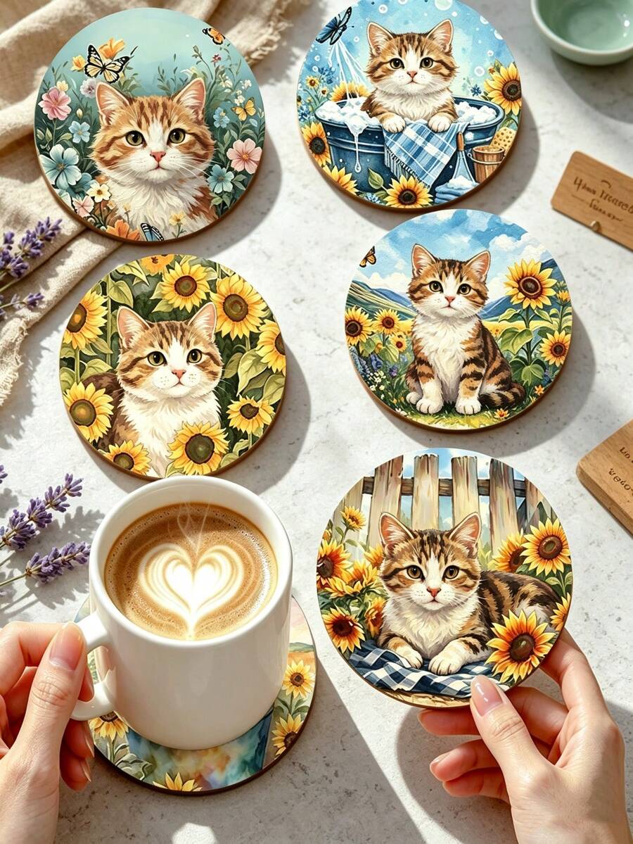 1/6pcs Cute Farm Cat Print Wooden Coasters, Rustic Sunflower Kitten Drink Coaster Set, Coffee Table Heat-Insulating Coasters, Home Decor, Kitchen Bar, Party Tabletop Protection, Non-Slip Beverage Coasters, Cat Lover Housewarming Gift - Multicolor - View 1