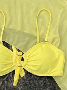 Bộ đồ bơi bikini 2 mảnh nữ mùa hè đi biển màu trơn gợi cảm, gồm áo bikini tam giác và quần lót tam giác, kèm áo khoác ngoài và chân váy mini - Màu vàng - Xem 4