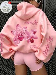 大尺碼休閒復古彩色字母與花卉印花薄款運動衫 粉色度假風 - 粉色 - 查看 1