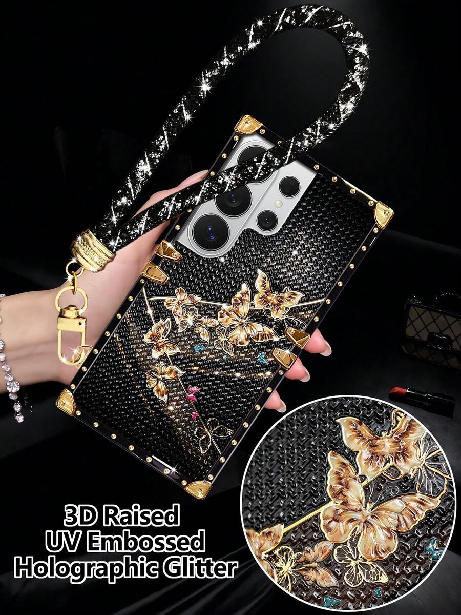 1件裝黑金蝴蝶圖案熱燙金箔+3D凸點UV亮面全息閃粉防摔時尚長方形手機殼,附黑色腕帶,歐美風,大相機孔,奢華情人節禮物,防震,適用於Apple 18ProMax/18pro/17promax/17/16 15 14 13 Promax/15 14 Plus,適用於 Galaxy S26Ultra/S26 Plus/S26/S26FE/S25 Ultra/S25+FE/A57 5G/A56/A37/A36/A17/A16/A27 - 黑金色-燙金浮雕閃粉+手繩 - 查看 1