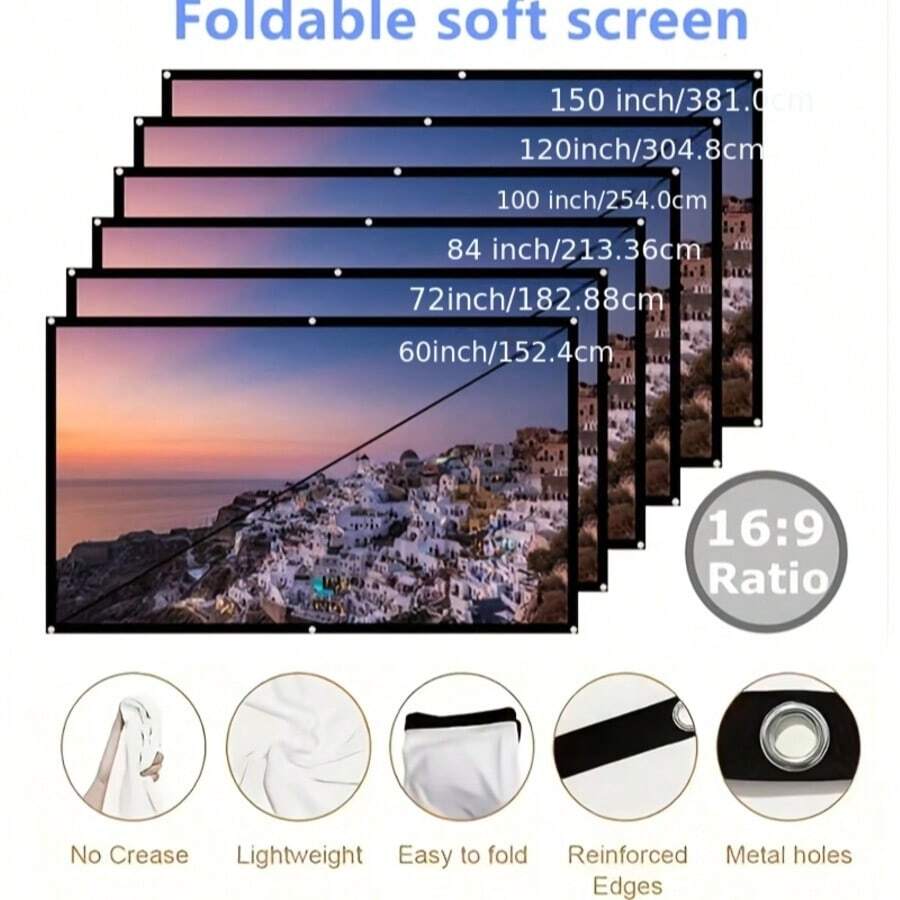 60", 84", 72", 100", 120", 150" Projection Screen, Portable Foldable Projection Screen 16:9 4K 3D, Suitable For Home Theater, Camping And Entertainment Activities - View 1