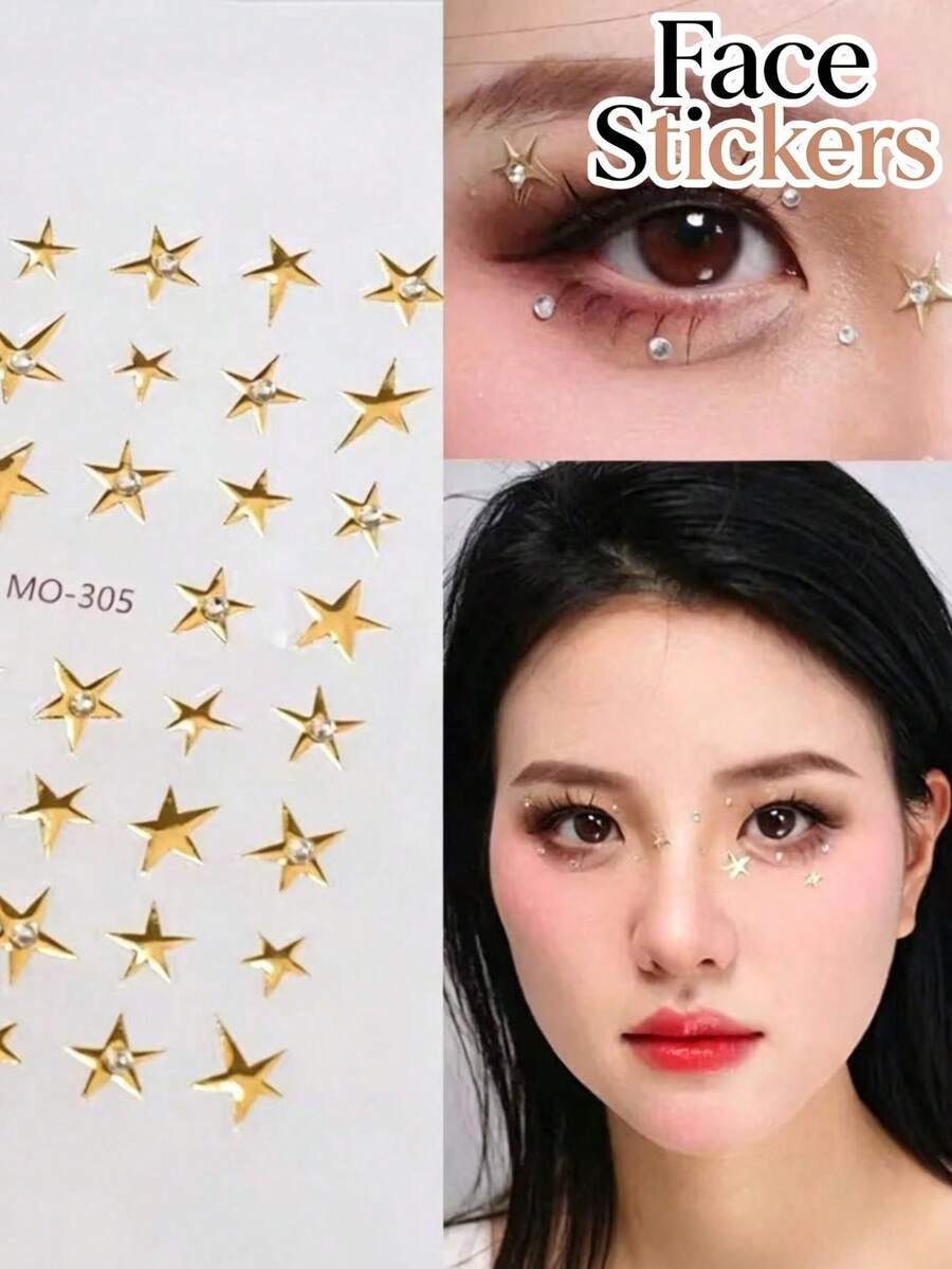 1pc Gold Star Face Sticker, Glitter Star Sticker For Stage Makeup, Self-Adhesive Rhinestone Eye Makeup Decor, Suitable For Music Festival, Party Performance, Nail Art, Easy To Apply And Create Transparent Atmosphere, Aesthetic - Multicolor - View 1
