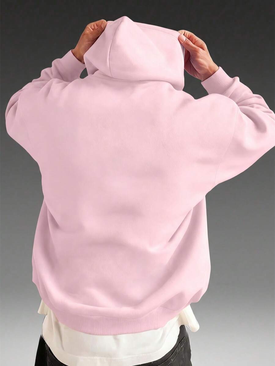 Men's Letter Print Long Sleeve Pocket Drawstring Hoodie Sweatshirt, Casual For Autumn/Winter - Pink - View 1