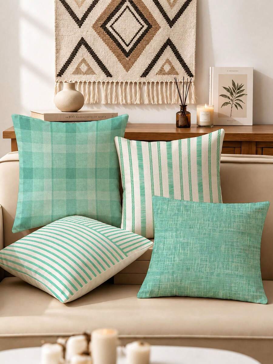 4pcs Bohemian Style Vintage Throw Pillow Covers, Minimalist Fashionable Line Pattern Cushion Covers, Super Soft Comfortable, Best Seller, Hidden Zipper, Machine Washable, Decorative Pillow Covers For Home, Sofa, Living Room, Bedroom, No Pillow Insert - Mint Green - View 1